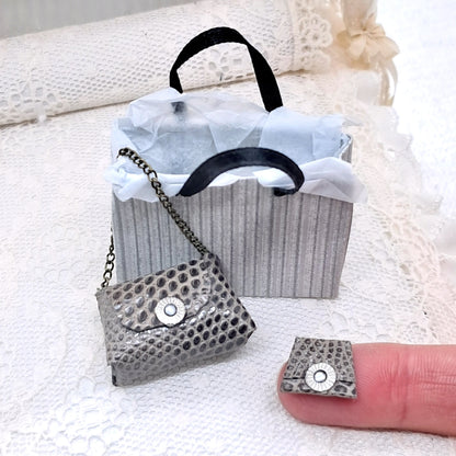 Dolls house grey leather handbag with matching micro purse and a luxury shopping bag. 