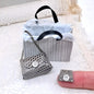 Dolls house grey leather handbag with matching micro purse and a luxury shopping bag. 