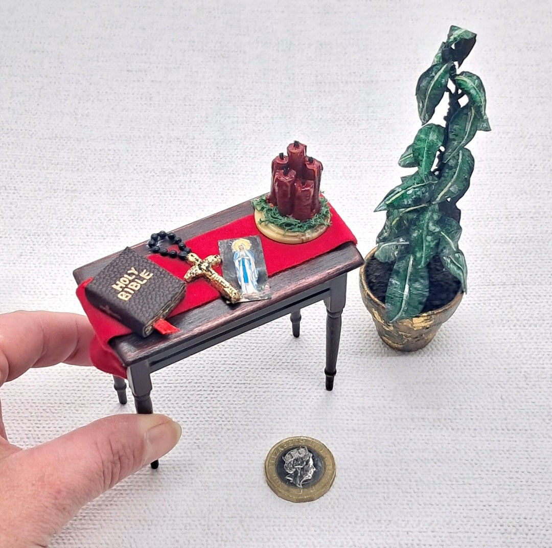 A religious themed side table for 1/12th scale miniature churches or dolls houses 