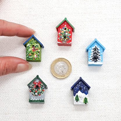 Christmas miniature bird house decorative boxes. hand painted and 1.5 inches in height.